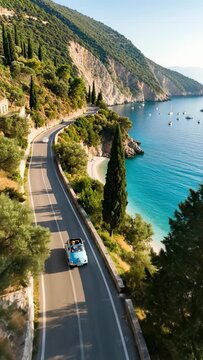 A scenic coastal road winds along a turquoise sea, a blue car cruising. Yachts bob in the water, mountains rise