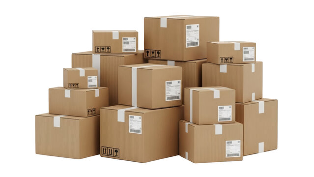 Stack of cardboard boxes with labels and barcodes in a warehouse or storage setting viewed from the front.