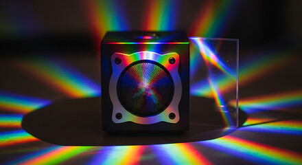 Spectra Cube: A stunning display of light refraction is presented with a cube, where beams of light split into a vibrant spectrum of colors. Witness the science of light in this mesmerizing visual.
