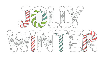 Jolly Winter Typography: A festive typography design spells out JOLLY WINTER, crafted with candy cane style and snowflakes, evoking the cheerful spirit of winter holidays.