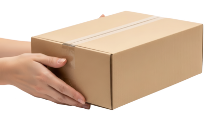 A person holds a closed brown cardboard box with both hands on a white background.