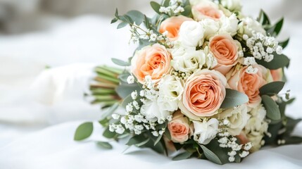 Beautiful peach and white wedding bouquet on a bed of fabric