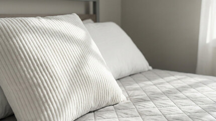 Clean and minimal bedroom interior with white pillows and a quilted bed cover