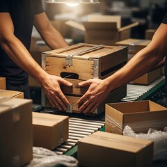 Two warehouse workers carefully placing a wooden crate on a conveyor belt for shipping.