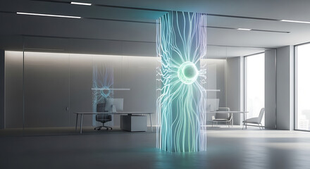 Modern Office: a conceptual image which blends technology with a workspace, an abstract column, with lines of energy passing through it, placed in a modern empty office setting.