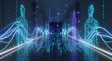 Digital Gateway: Cybernetic figures and flowing data streams converge in a futuristic, technology-driven environment, hinting at advanced communication and digital connectivity.