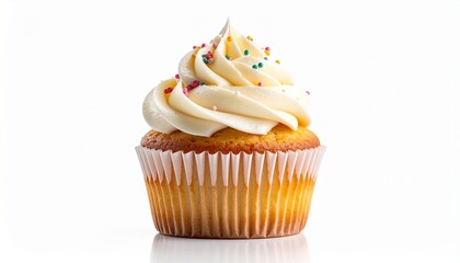 Delicious cupcake topped with white frosting and bright sprinkles. Perfect for bakery menus, dessert blogs, and party invitations.
