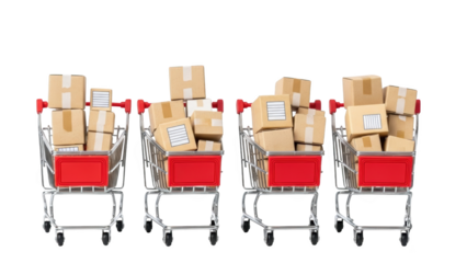 Multiple shopping carts filled with packages on a white background, viewed from the front.