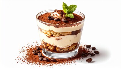 Glass of tiramisu topped with cocoa and coffee beans, perfect for food blogs, restaurant menus, recipe books, and social media posts.