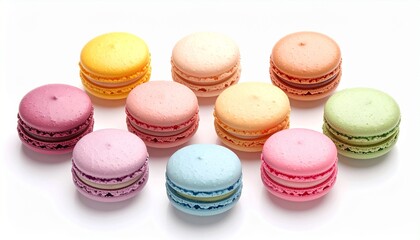 Nine pastel colored macarons on a white surface, perfect for dessert menu designs, blog posts, food photography backgrounds, and social media.
