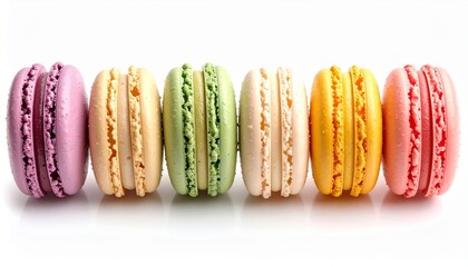 Six colorful and delicious macarons perfect for food blogs, bakery advertisements, or culinary social media posts. Tempting and vibrant dessert photography.