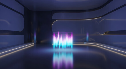 Digital Sound Waves: An immersive digital representation of sound waves pulsates with vibrant energy within a futuristic, minimalist space.