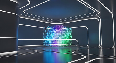 Futuristic Tech Room: A mesmerizing display of colorful lights in a sleek, modern tech room, the scene of innovation, and technological advancement.