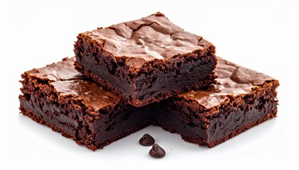Stack of three chocolate brownies with chocolate chips, ideal for bakery menus, dessert recipes, food blogs, or social media posts.