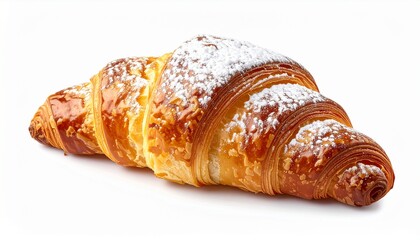 Delicious croissant with powdered sugar perfect for baking blogs, breakfast menus, cafe advertisements, bakery websites, and food packaging designs.