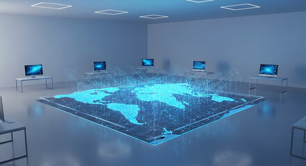 Global Network: Modern technology forms a luminous map of the world, encircled by computers, embodying an environment of innovation, linking the world in a matrix of data. 