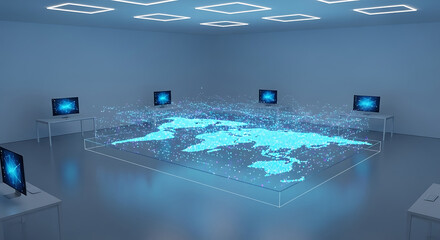 Digital World Control Room: A modern control room, illuminated with ambient blue lighting, showcases a digital world map as the central visual focus.