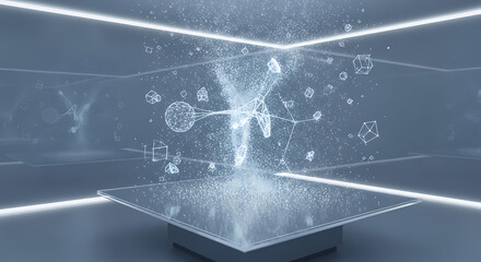 Abstract Digital World: Futuristic digital particles floating in an abstract and modern room, illuminated by glowing lines, creating an atmosphere of innovation and technological advancement.