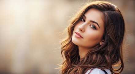 Fototapeta premium A woman with long, wavy brown hair, wearing a white top, standing in front of a stone wall with a soft, golden light behind her.