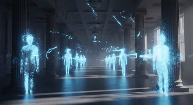 Enigmatic Digital Beings in Architectural Corridor: Digital figures materialize within a classical architectural setting, creating an ethereal and surreal ambiance.