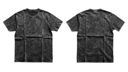 Front and back views of a crumpled black t-shirt on a white background, showcasing fabric texture and creases in high detail
