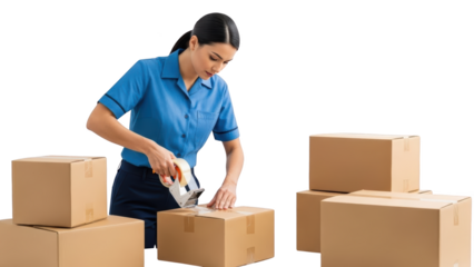 Woman seals cardboard box with tape among stacked boxes in warehouse