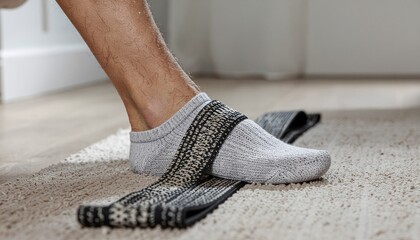Resistance Band Setup. Fitness Resolutions - Weight Loss Journey & Body Transformation. A man's foot securing a resistance band around a stable furniture leg preparing for a home exercise.
