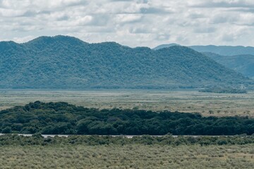 Wide panoramic view of tropical wetlands and distant mountain
