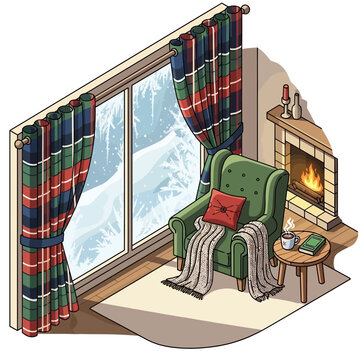 Cozy living room corner with green armchair overlooking snowy winter scene through large window