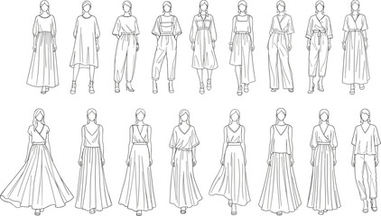 Fashion technical sketch set featuring diverse women’s outfits, stylish dress silhouettes, modern apparel design templates, minimalist line art clothing illustration collection