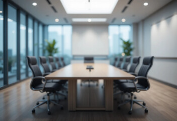 Modern empty meeting room with blurred background and bokeh lights.
