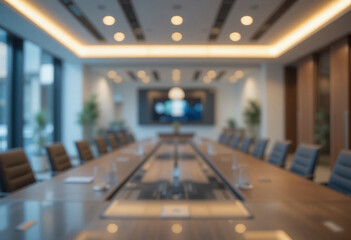 Modern empty meeting room with blurred background and bokeh lights.