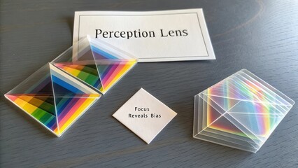 Colorful optical prisms and perception lens with inspirational text showing focus reveals bias on wooden table surface
