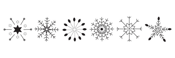 Set of cute symmetric blue snowflakes isolated on a transparent background. Cartoon decorative elements. Editable stroke. Ideal for Christmas, New Year, and winter designs