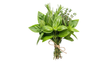 Fresh herbs tied in a bunch on white background for culinary use