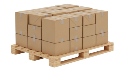 Cardboard boxes stacked on a wooden pallet in a warehouse environment for storage and transport.
