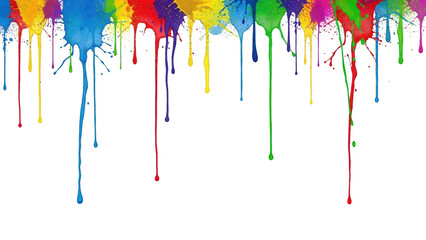 Fototapeta premium Vibrant paint drips in various colors fall against a white background in an artistic display.