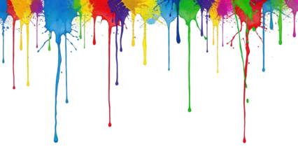 Vibrant paint drips in various colors fall against a white background in an artistic display.