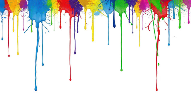 Vibrant paint drips in various colors fall against a white background in an artistic display. - Powered by Adobe