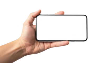 A hand holding a modern smartphone with a blank screen against a white background, showcasing the device's sleek design and minimalist aesthetic perfectly