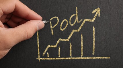 Hand Drawing Podcast Growth Chart with Upward Trend Arrow on Chalkboard.
