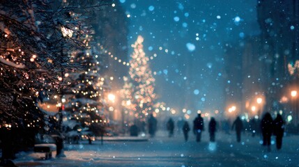 A snowy street scene illuminated by festive lights and a decorated tree, with blurred figures strolling through the winter atmosphere.