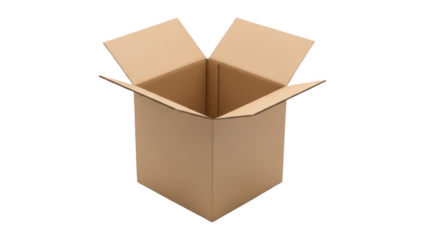 An open cardboard box stands empty on a plain white background viewed from directly above awaiting contents