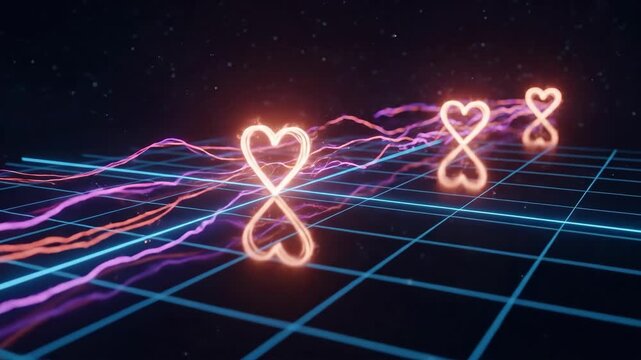 Glowing hearts on a grid with colorful, flowing lines in a dark, atmospheric setting. A digital art piece