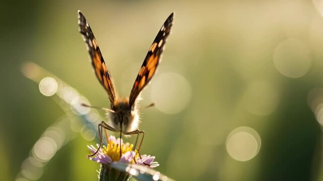 A butterfly with orange and brown wings lands on a purple and yellow flower in nature. The flower is covered in small dewdrops