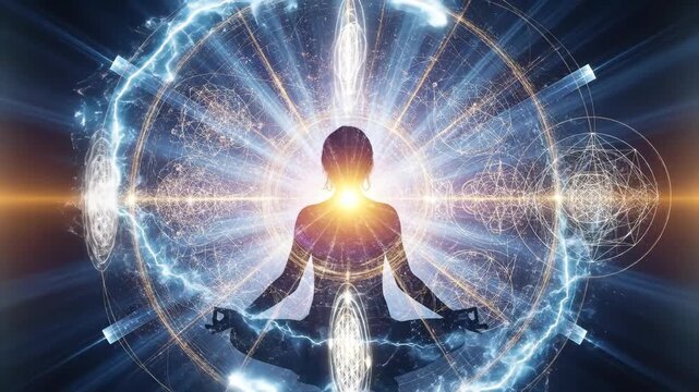 A person in a meditative pose surrounded by geometric patterns and light, signifying spiritual connection