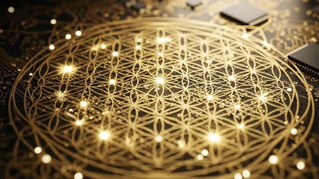 Close-up of golden pattern with bright, glowing lights and intricate design on dark surface. Electronic components are present