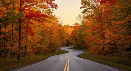 Fototapeta premium Autumnal Winding Road Through Vibrant Fall Foliage
