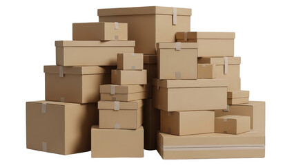 Stacked cardboard boxes in various sizes on a white background, viewed from the front with high fidelity rendering.