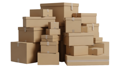 Stacked cardboard boxes in various sizes on a white background, viewed from the front with high fidelity rendering.